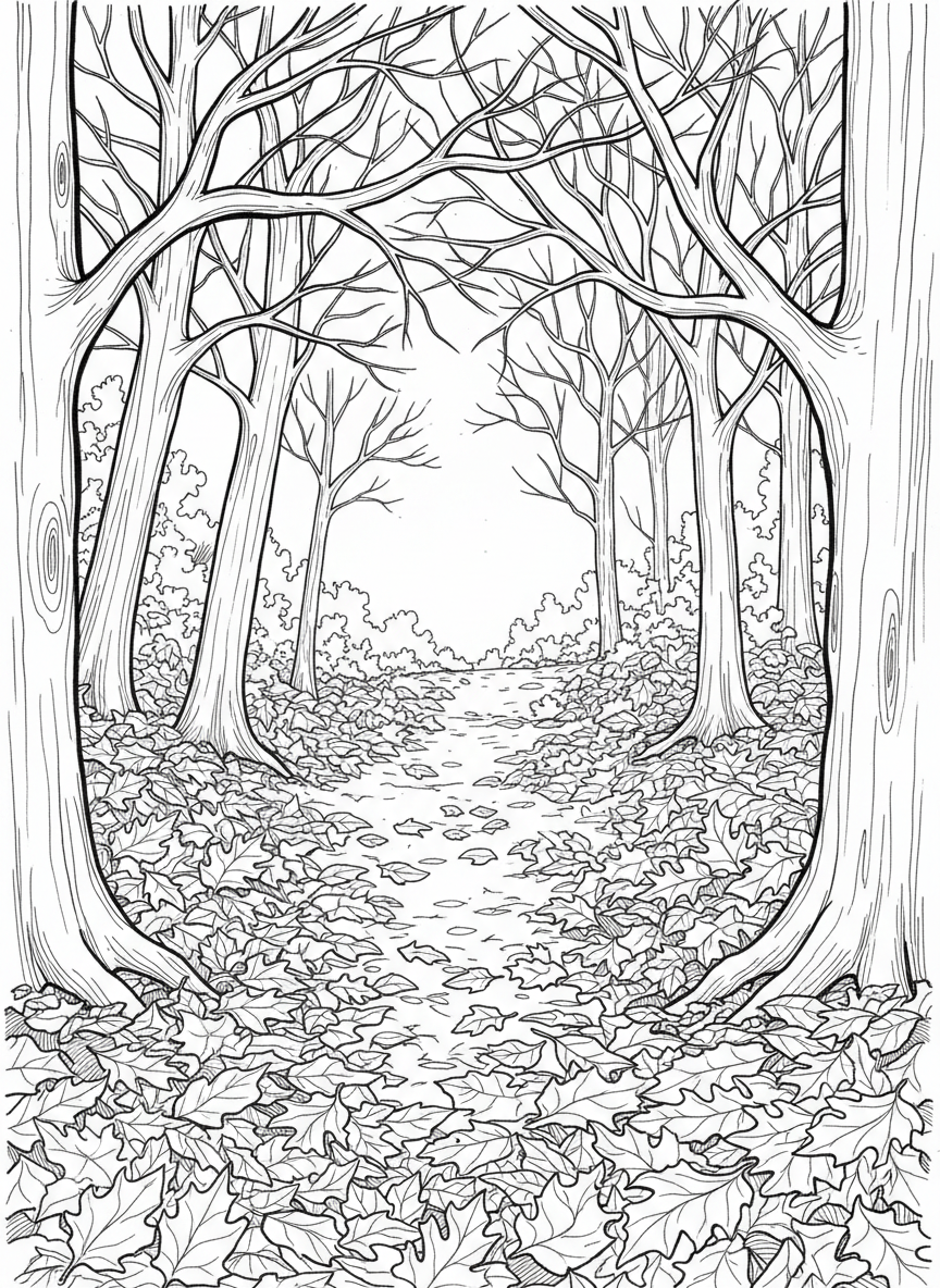 A forest path covered with fallen leaves and trees with bare branches on both sides, creating a peaceful autumn walk scene.