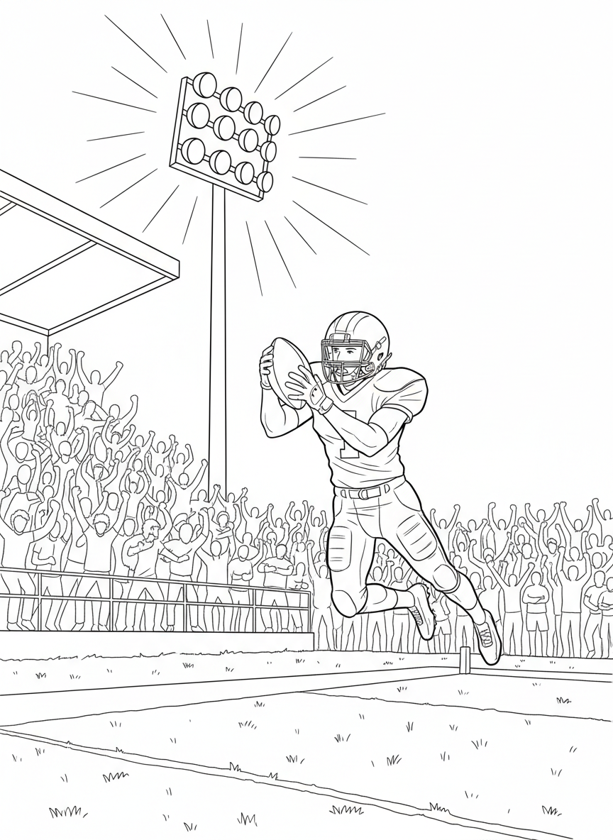 A high school football player in uniform catching a football mid-air, with stadium lights glowing in the background and cheering crowd silhouettes.