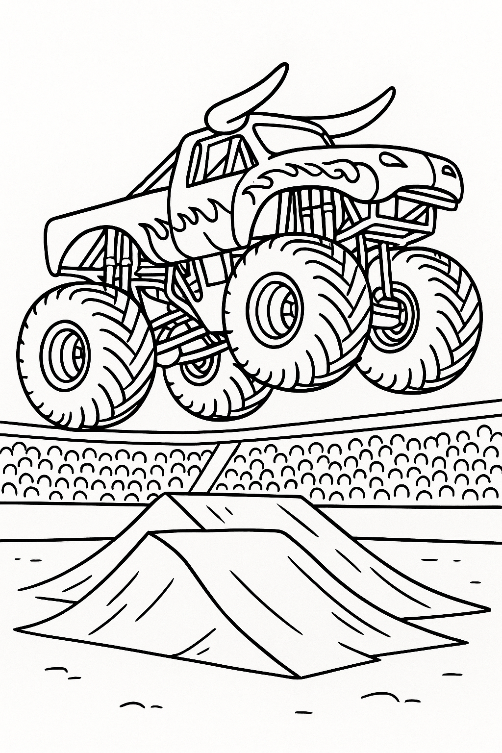 a monster truck in the style of el toro loco from monster jam with no eyeballs jumping high off ramps at a monster jam competition with a crowd in the background