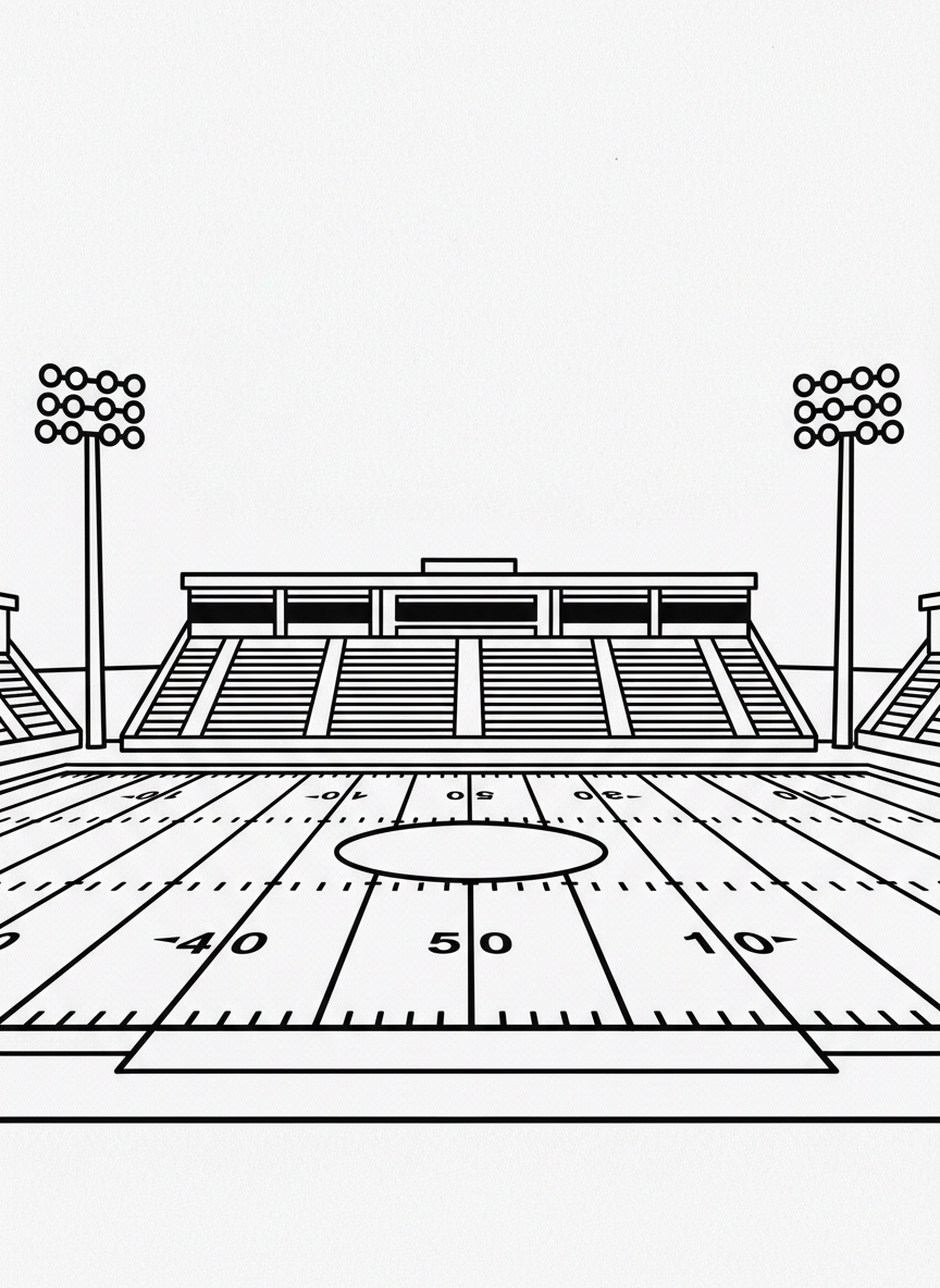 A football stadium at night with tall light posts illuminating the field, empty bleachers, and yard line markings clearly visible.