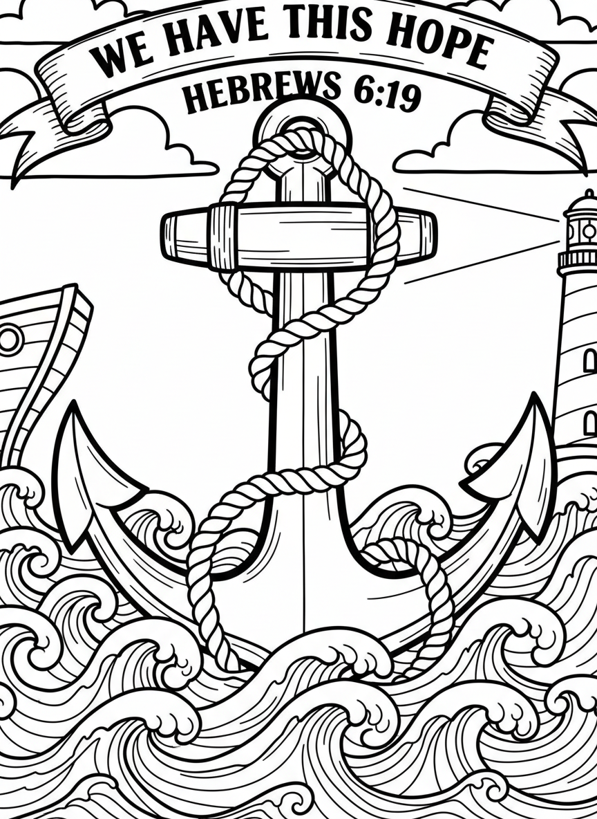 An anchor decorated with rope and ocean waves, featuring the verse 'We Have This Hope Hebrews 6:19' in bold nautical-style letters