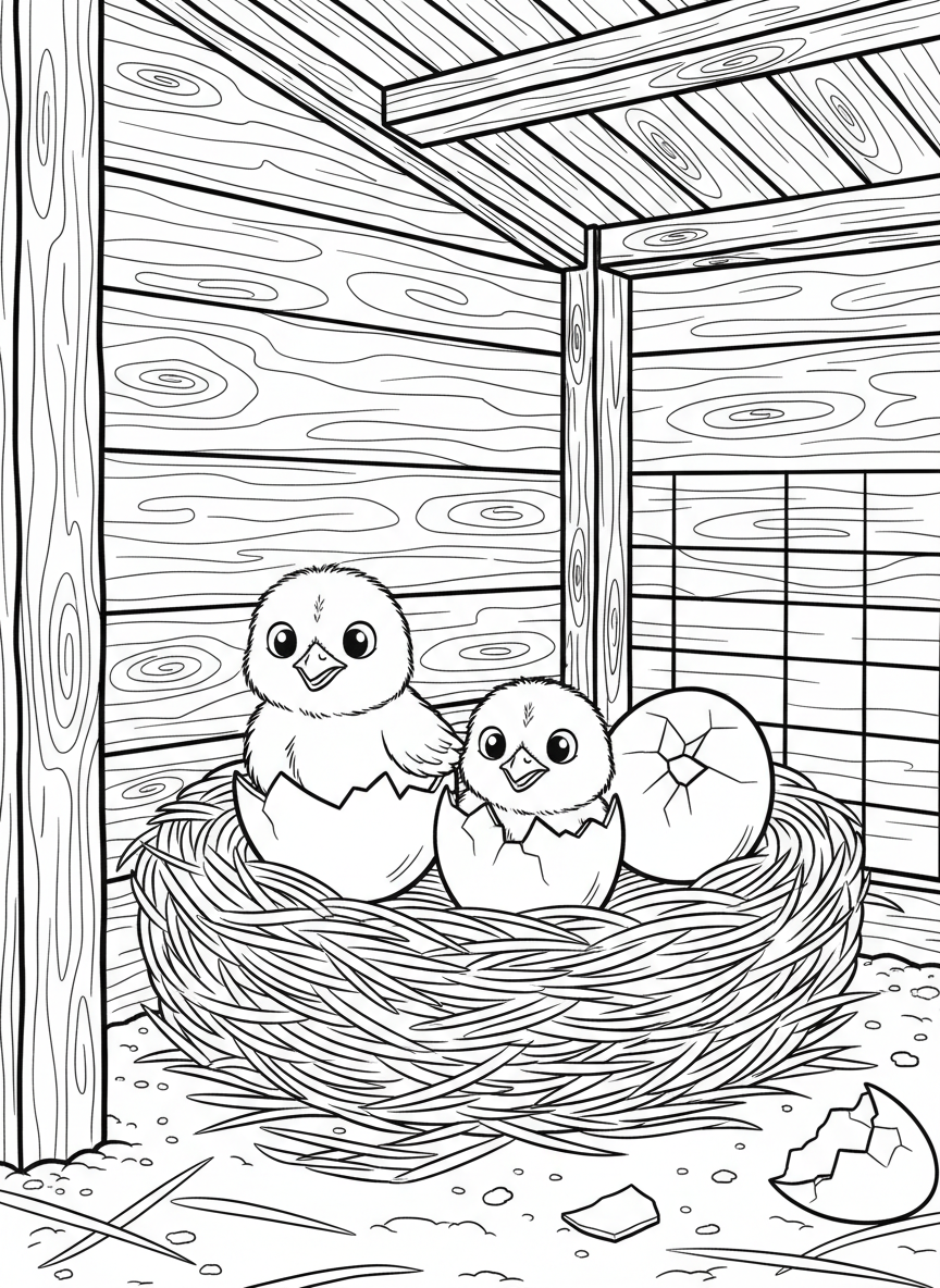 Three baby chicks hatching from eggs in a cozy nest filled with straw inside a wooden chicken coop.