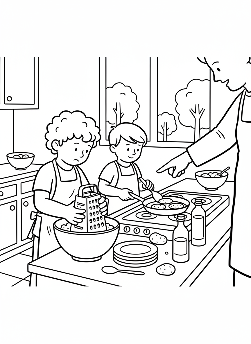 Children making latkes in the kitchen, one grating potatoes and another watching a frying pan, safe cooking scene with adult supervision implied.