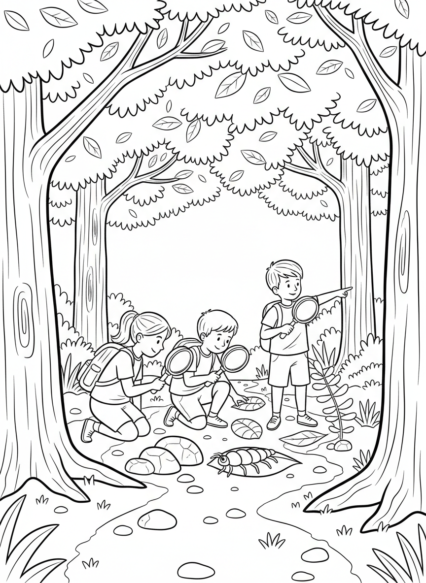 A nature exploration scene where children use magnifying glasses to examine rocks, leaves, and insects along a woodland trail.