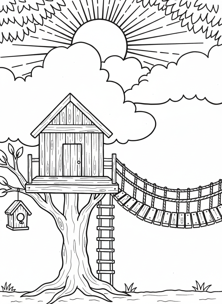 A simple platform treehouse with a single rope bridge, a birdhouse hanging nearby, sun and clouds in the background