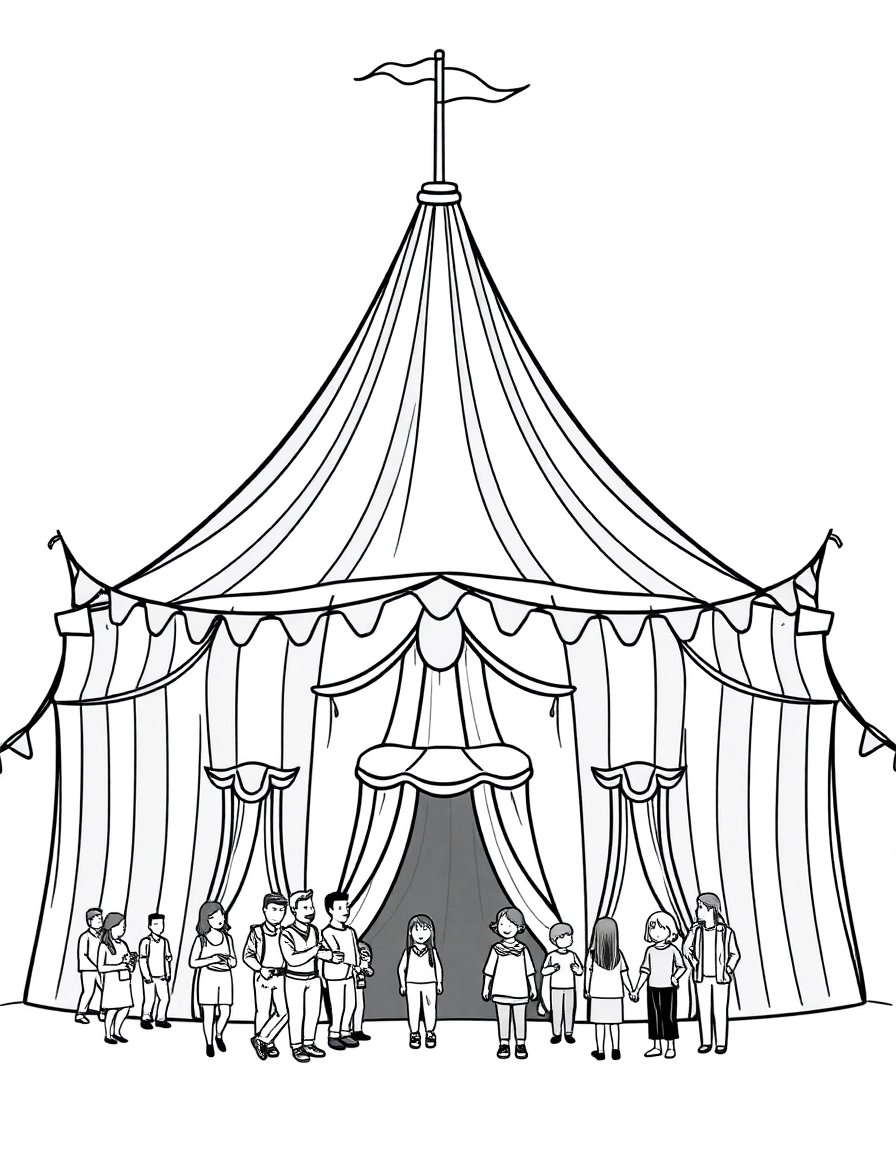 A magnificent, striped big top circus tent dominates the scene, with colorful flags fluttering from its highest peaks. Lively banners hang from the tent, and a welcoming entrance with red velvet ropes invites a small crowd of eager families to enter.