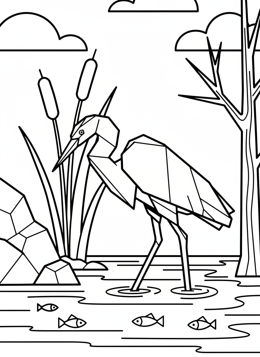 An origami heron bird with long angular legs and a pointed beak, standing in shallow water hunting for fish