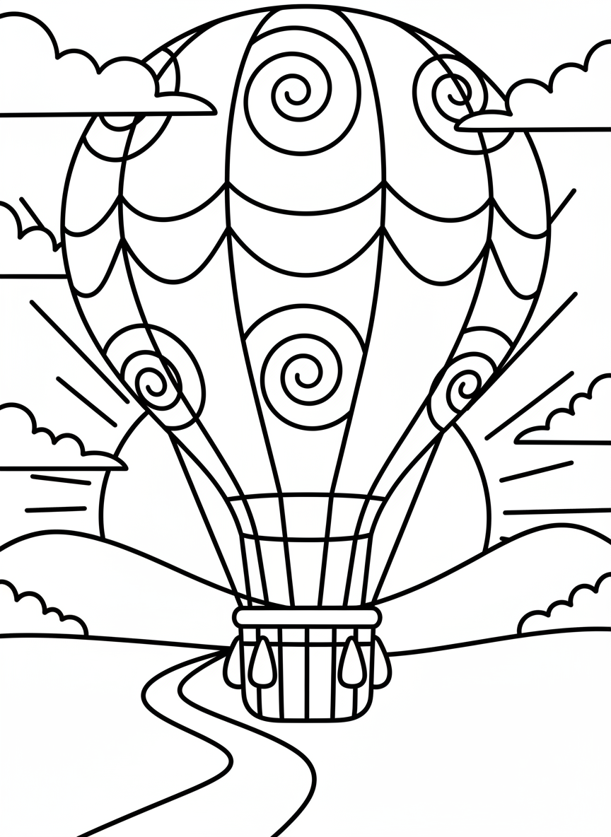 A hot air balloon floating over rolling hills with a sun and clouds, peaceful landscape