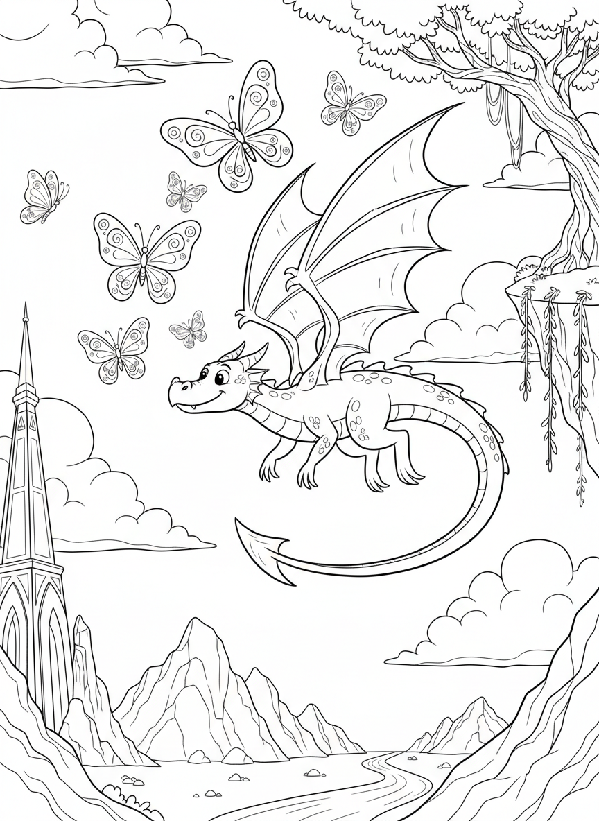 A playful dragon flying through the sky chasing butterflies, with a long curvy tail and friendly expression.