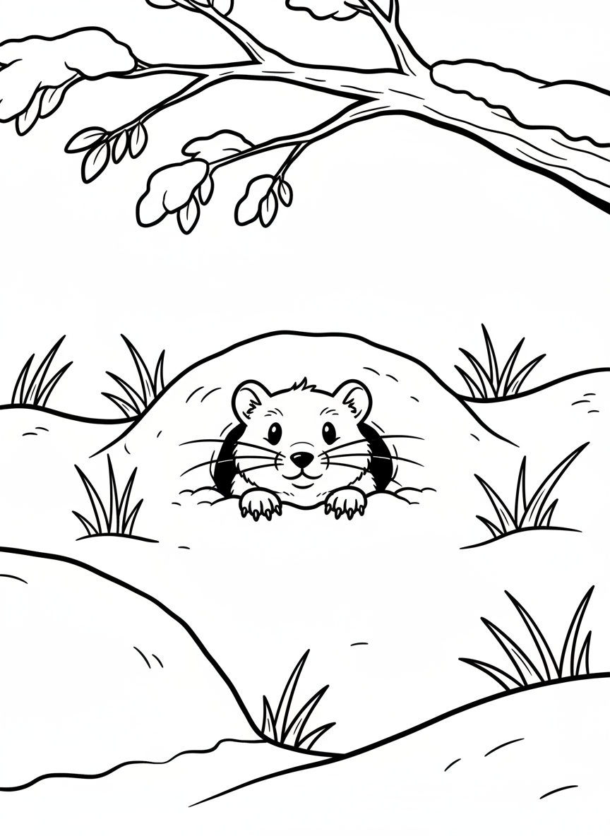 A lemming peeking out from a snow burrow, with small paws visible and whiskers, surrounded by snowdrifts and grass tufts