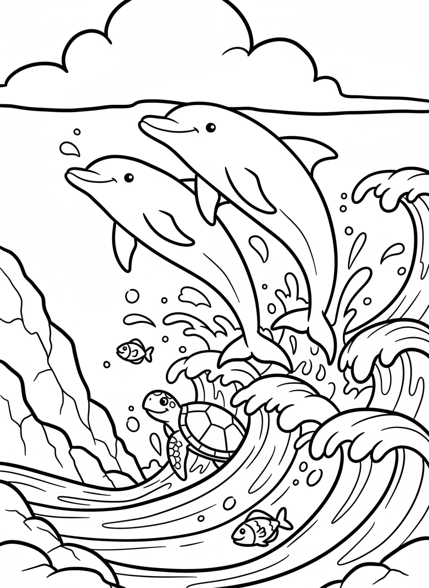 Two dolphins jumping together out of ocean waves, playful marine animal friendship with simple water splashes.