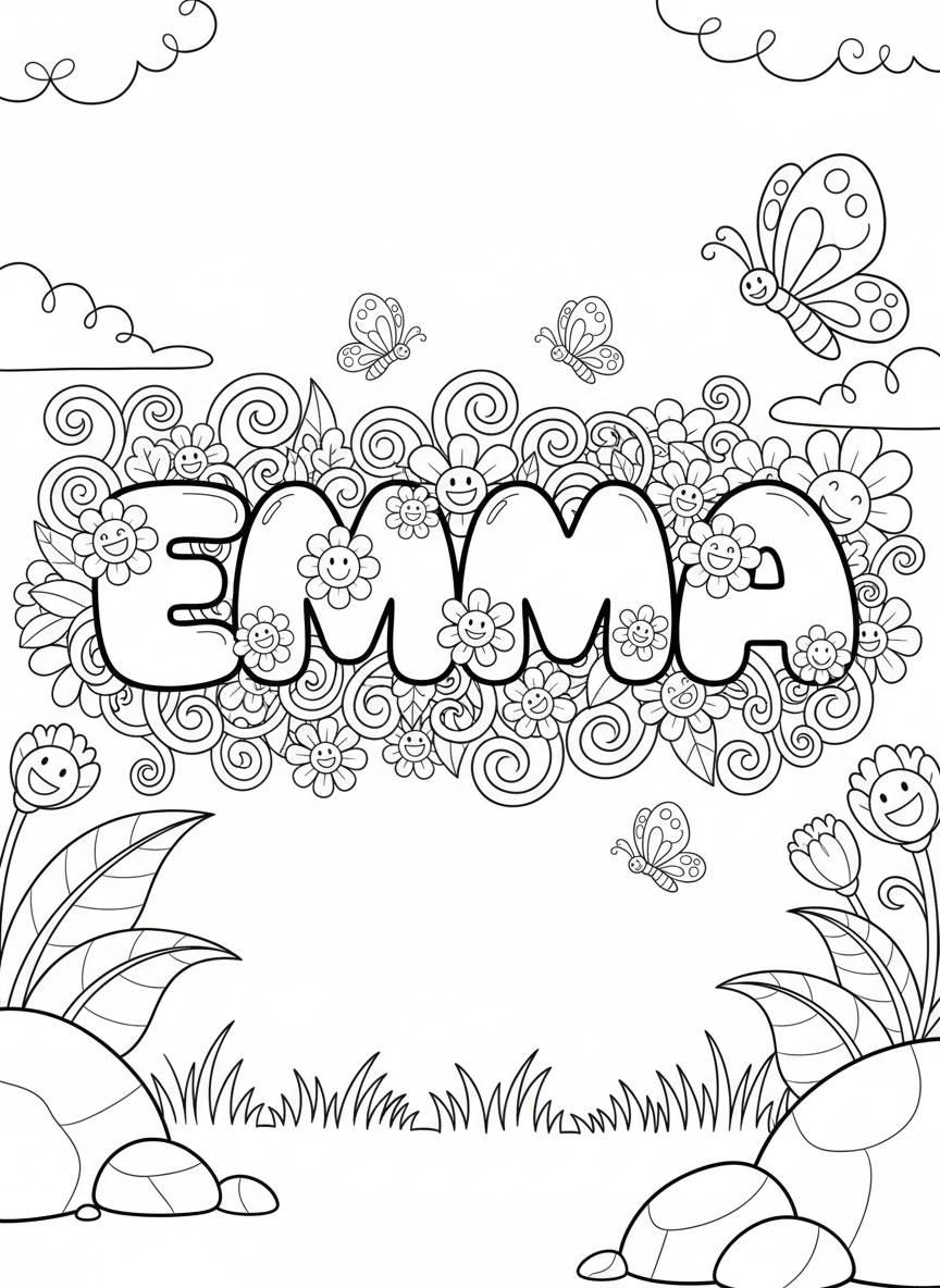 The name EMMA in large bubble letters with smiling flowers and butterflies decorating around each letter, simple line art coloring page