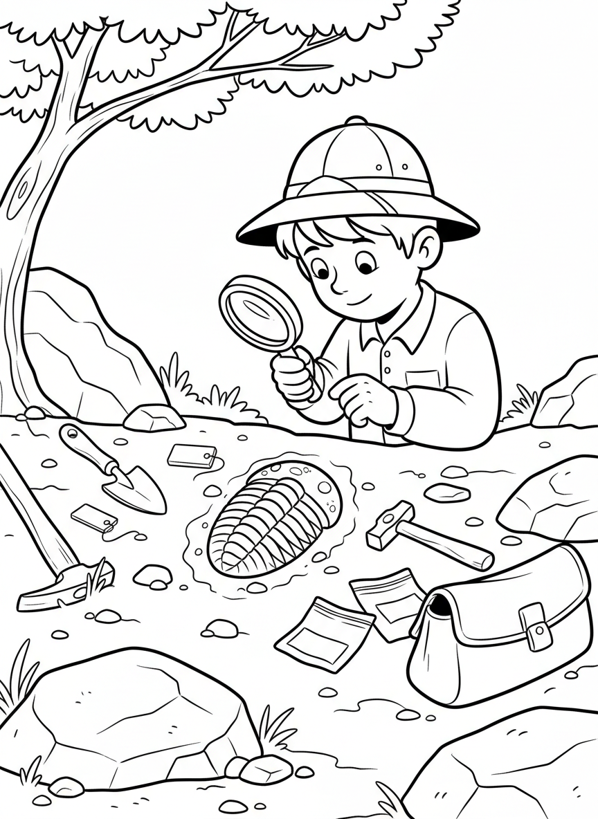 A young paleontologist with a hat and magnifying glass examining a trilobite fossil in the dirt, tools scattered nearby