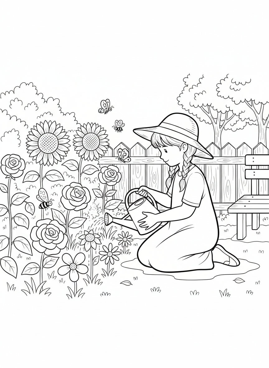 A young girl planting flowers in a garden with a watering can nearby, butterflies and bees visiting the blooms, nurturing scene