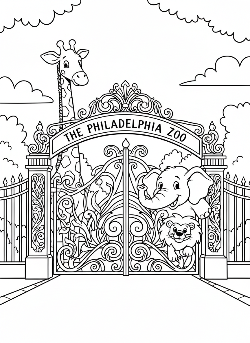 The Philadelphia Zoo entrance gate with decorative ironwork, surrounded by cartoon animals like giraffes, elephants, and lions peeking through.