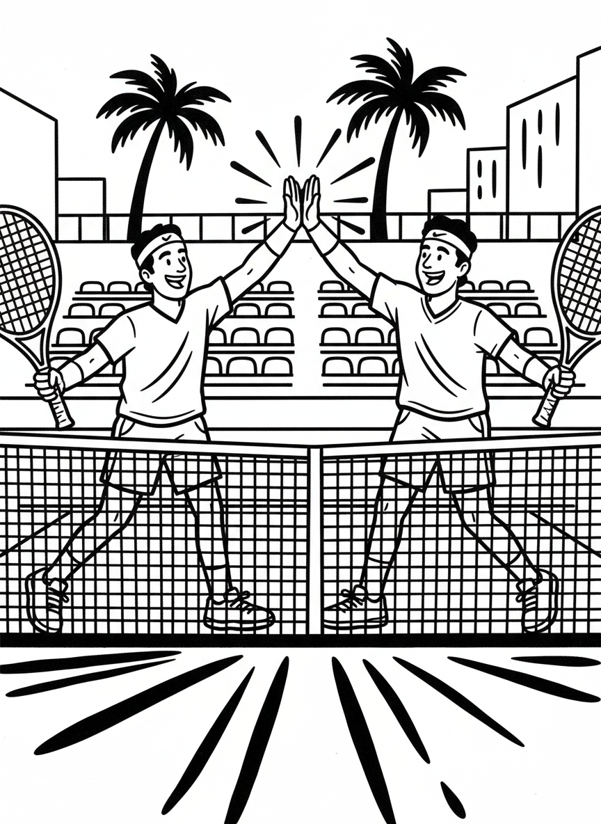 Two doubles players high-fiving at the net during a match, showing teamwork and sportsmanship.