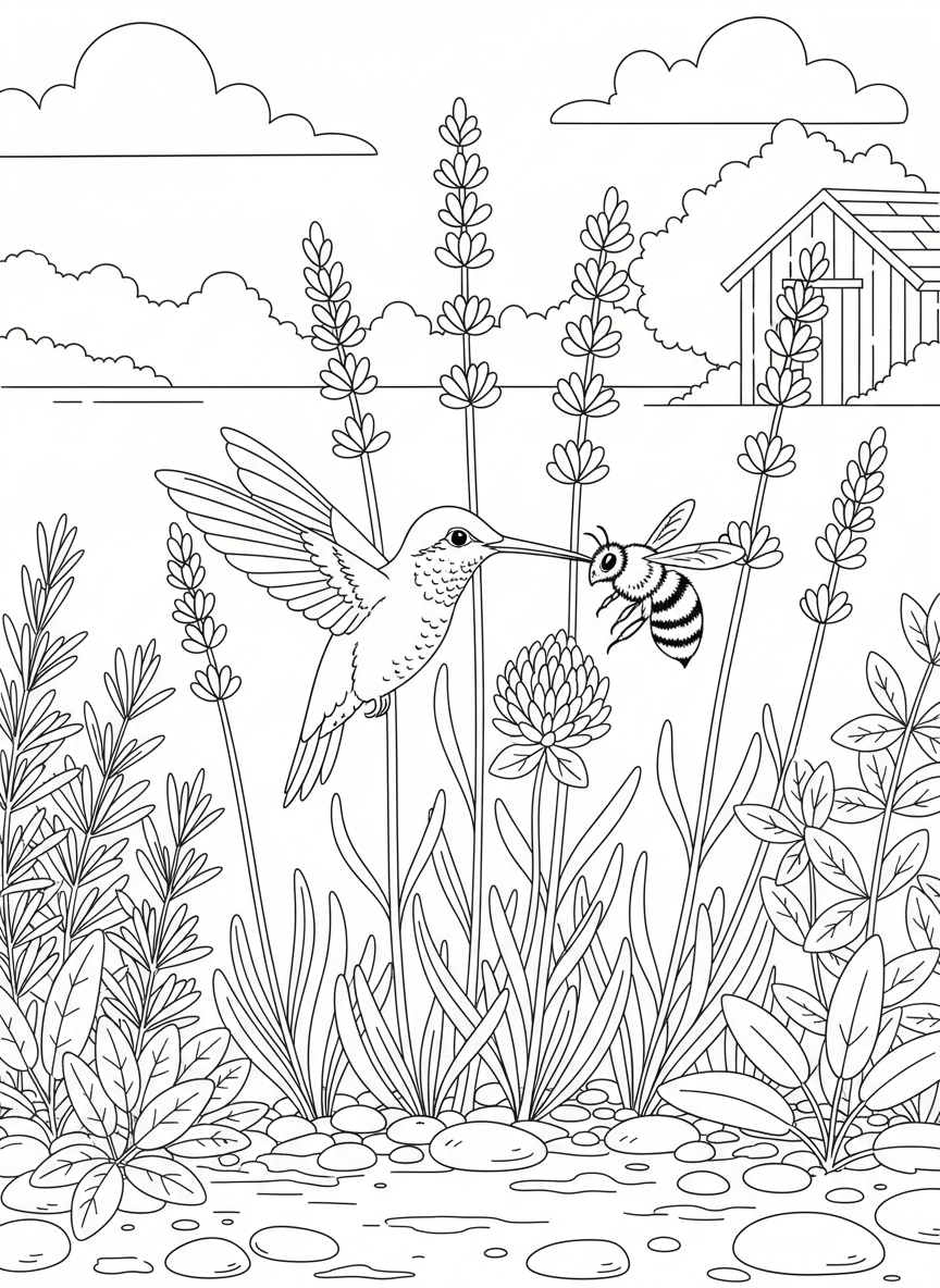 Detailed scene of a hummingbird visiting lavender stalks in a herb garden, with a bee on a nearby flower
