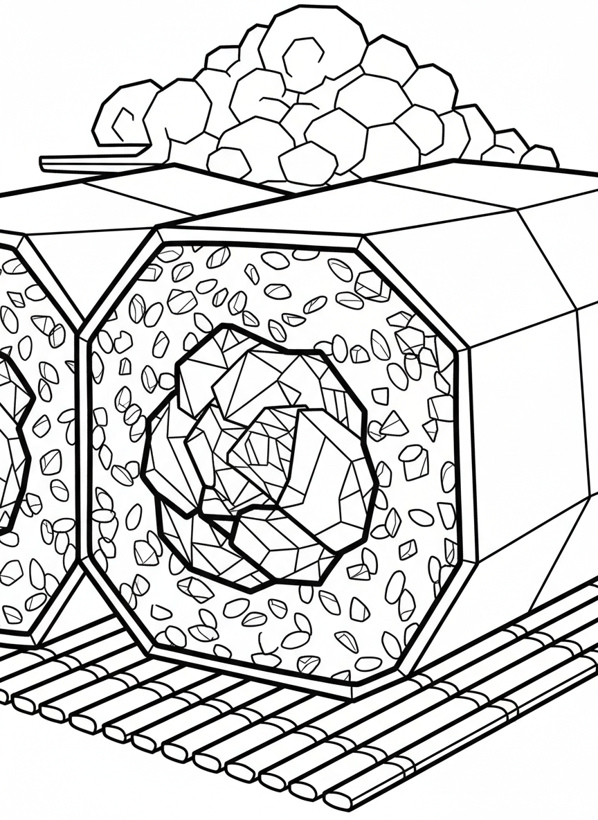 A detailed origami sushi roll showing geometric rice grains, angular fish pieces, and seaweed wrapper with precise fold lines in cross-section view.