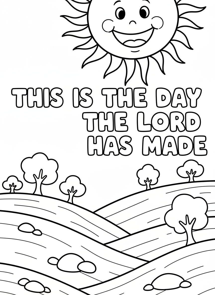 A cheerful sun rising over rolling hills with the words 'This is the day the Lord has made' in bold, bubble letters across the sky.