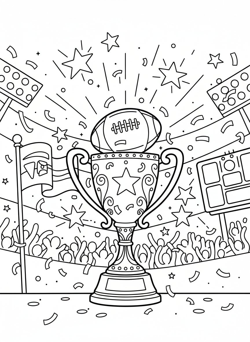 A trophy with a football on top, surrounded by confetti and stars, championship celebration scene for young colorists.