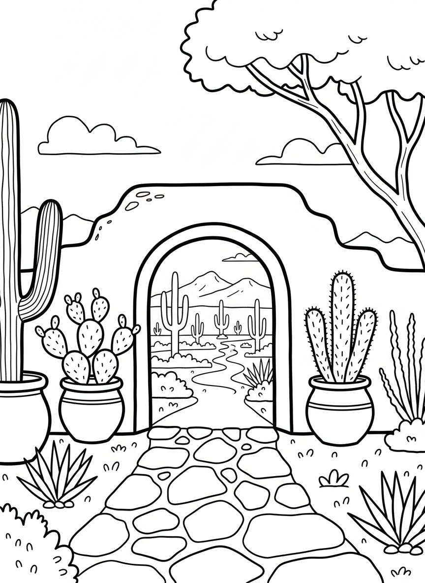 Desert Botanical Garden entrance with an archway, potted cacti on either side, and a welcoming path leading inside