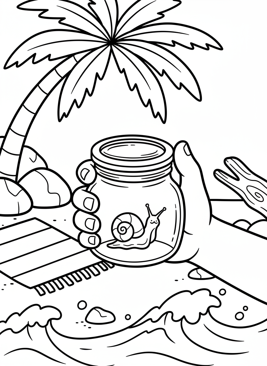 A child's hand holding a clear observation jar with a small sea snail inside, magnifying lid on top for closer viewing