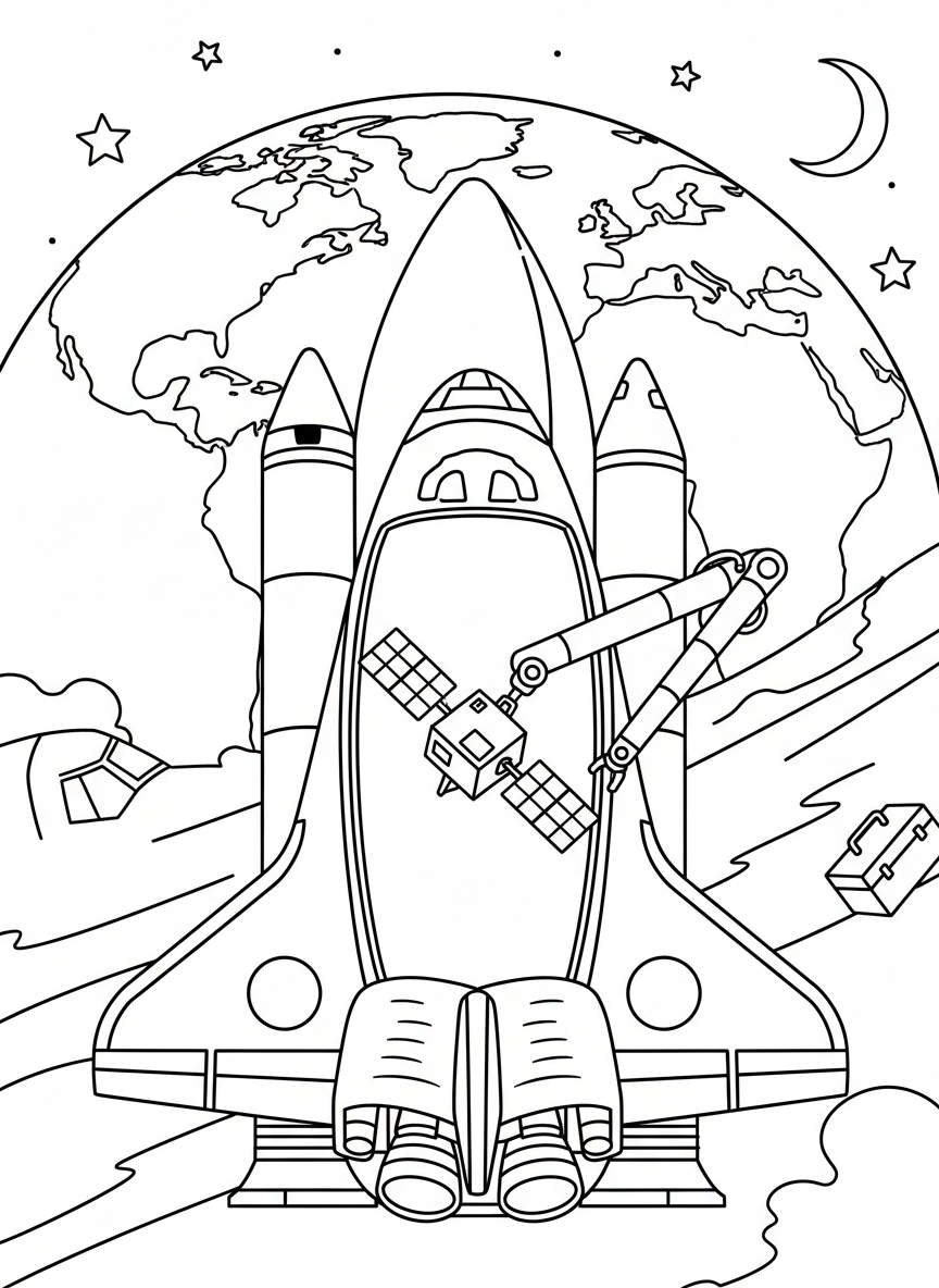 A space shuttle with cargo bay doors open floating above Earth, detailed enough for older kids to enjoy coloring