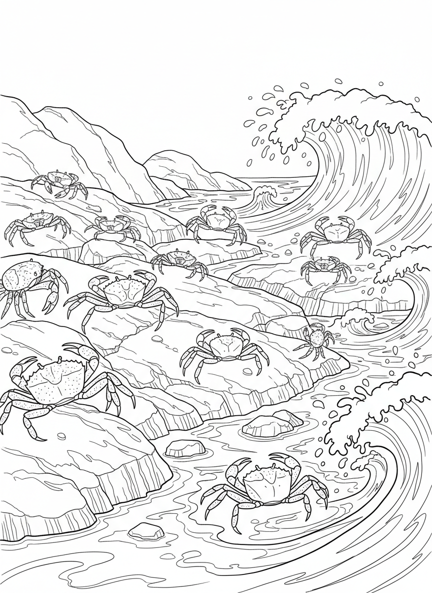 Multiple crabs of various sizes creating a crab parade across tide pool rocks with waves splashing in the background.