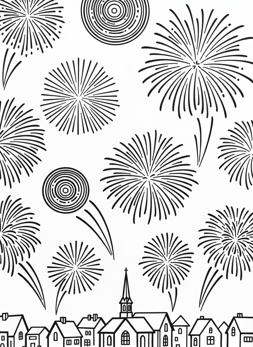 Multiple fireworks bursting in different patterns across the sky above a small town skyline with houses and a church steeple silhouette.
