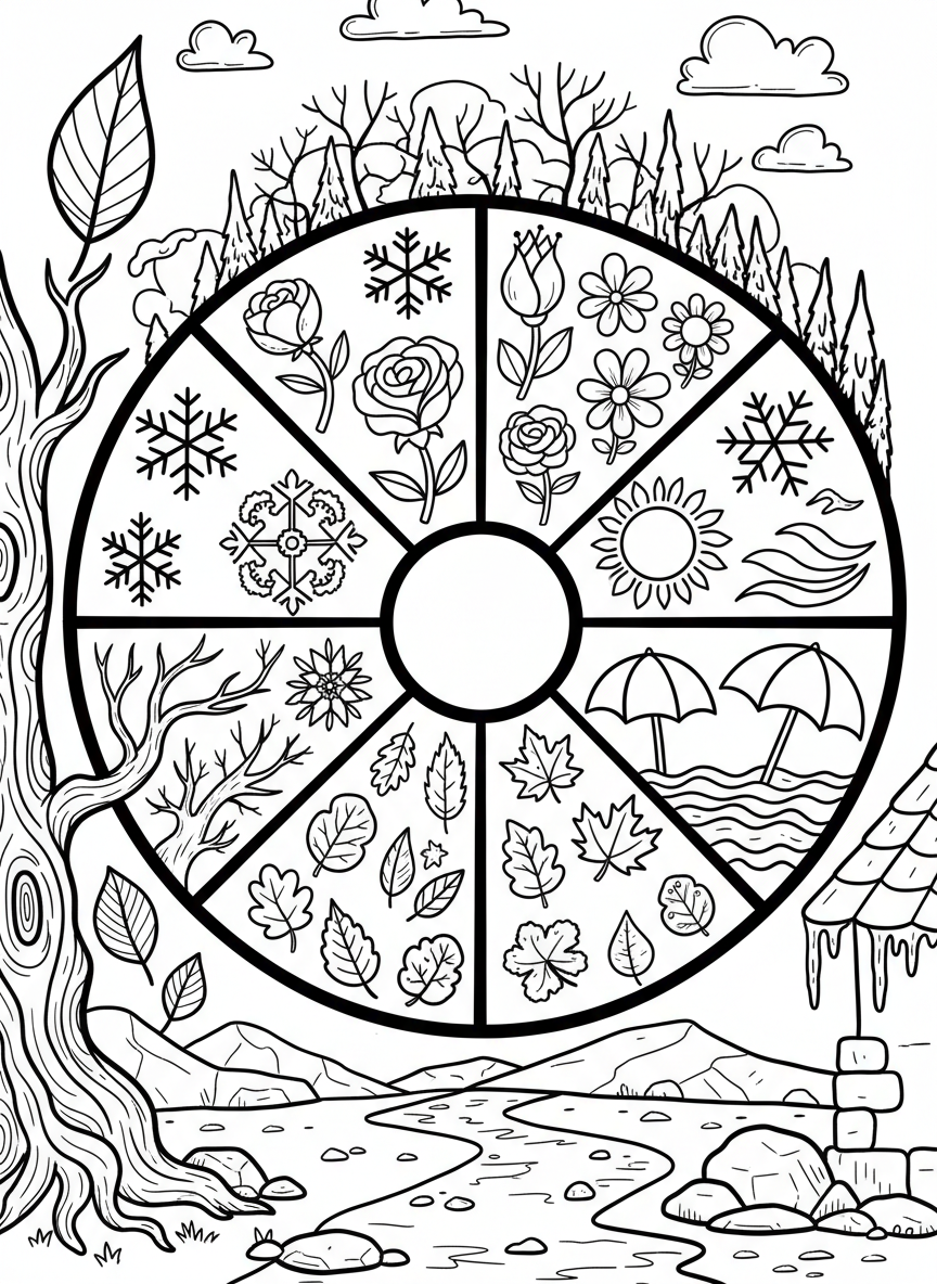 A calendar showing twelve months with seasonal symbols: snowflakes for winter, flowers for spring, sun for summer, leaves for fall.