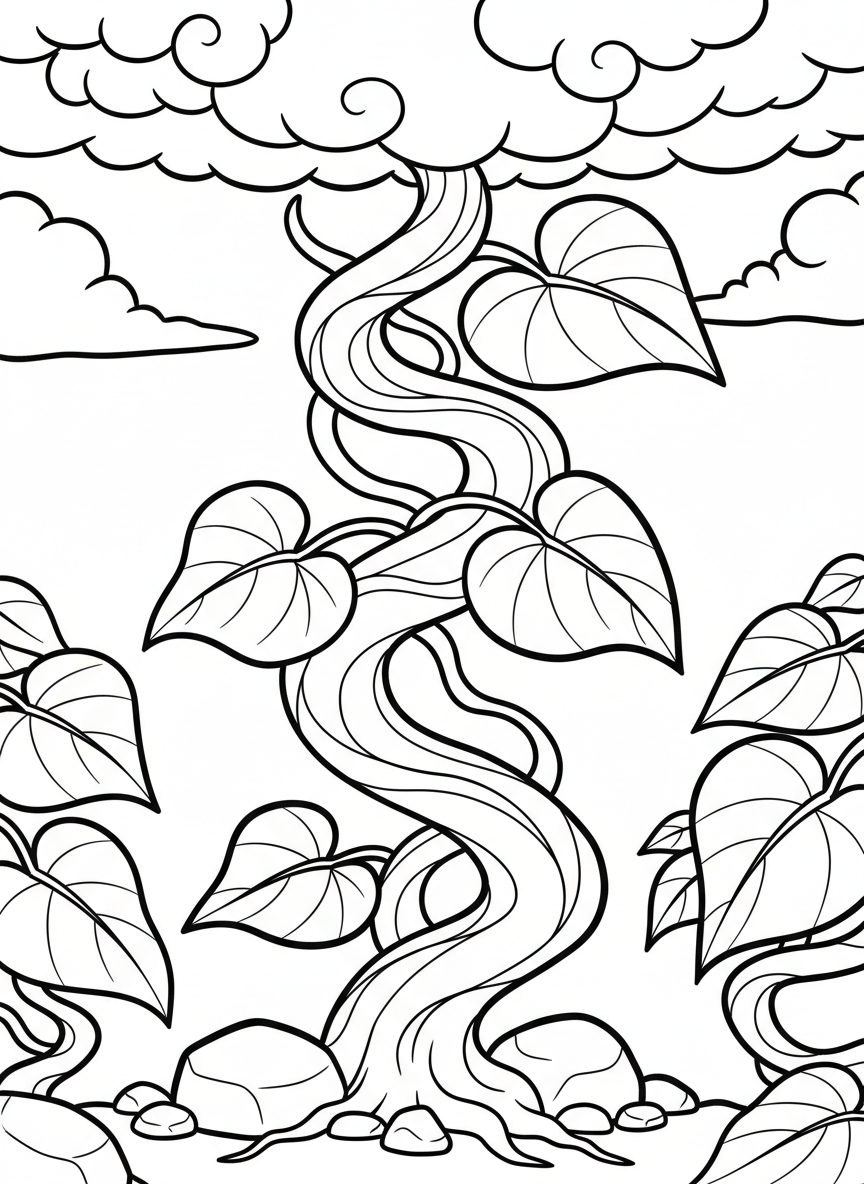 A tall beanstalk growing up into the clouds with large leaves and vines, detailed coloring page for older kids