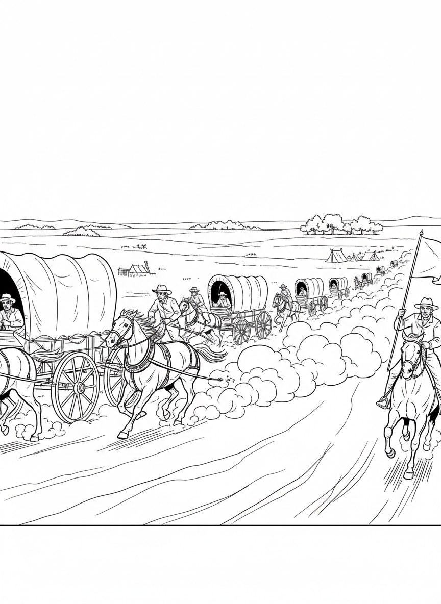 The Oklahoma Land Run Monument showing covered wagons racing across the prairie, historical scene with dynamic action.