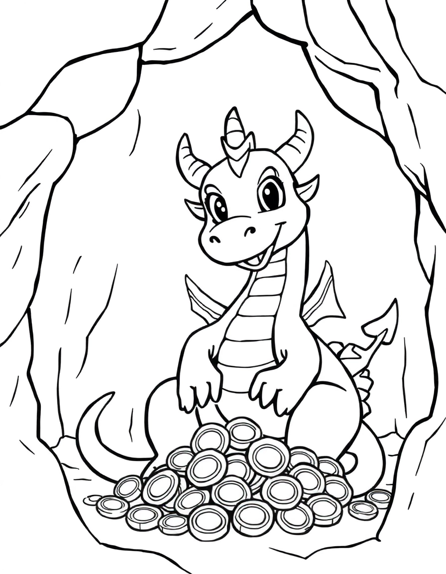 A majestic dragon with friendly eyes, gently guarding a pile of sparkling gold coins inside a cave.