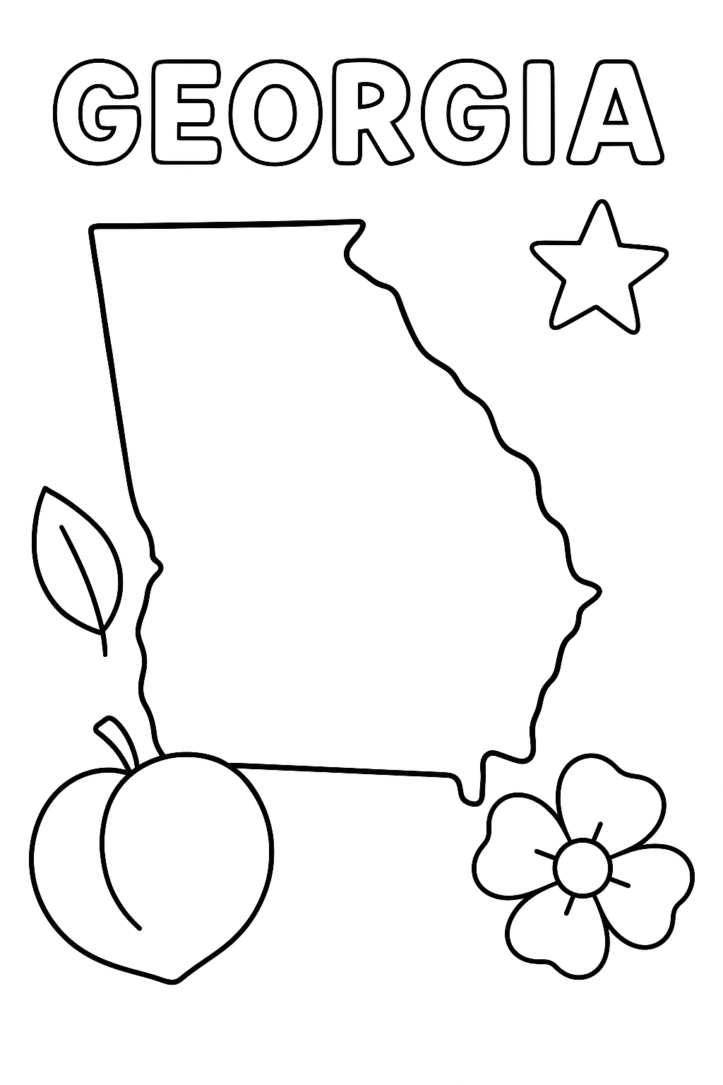Georgia Write “Georgia” once at the top in outlined letters. Make the state outline the main object in the center. Add one peach, one flower, one leaf, and one star icon in corners.