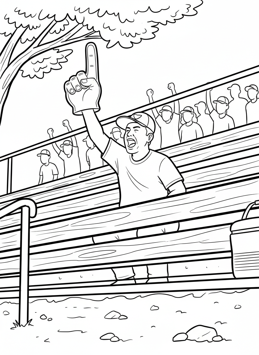 A parent or fan cheering from the bleachers with a foam finger and baseball cap, showing community support.