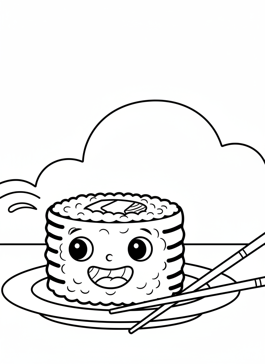 A smiling sushi roll with a cute face, sitting on a plate with chopsticks beside it, simple line art for young children
