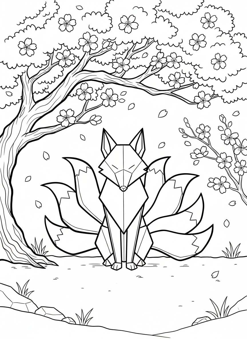 An origami kitsune fox with multiple paper-fold tails fanned out, sitting under a cherry blossom tree, line art