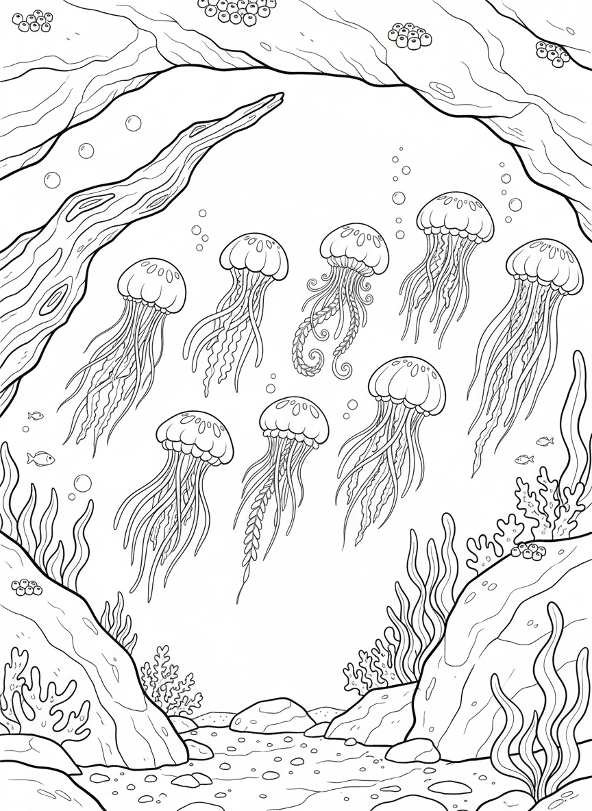 Jellyfish parade scene with six jellyfish in a line swimming through a tide pool, each with unique tentacle styles, passing by underwater rock formations.