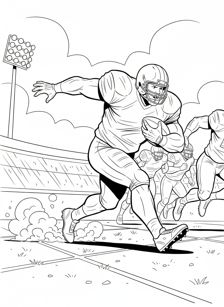 A running back carrying a football, dodging left with one arm out, intense game action in simple line art.