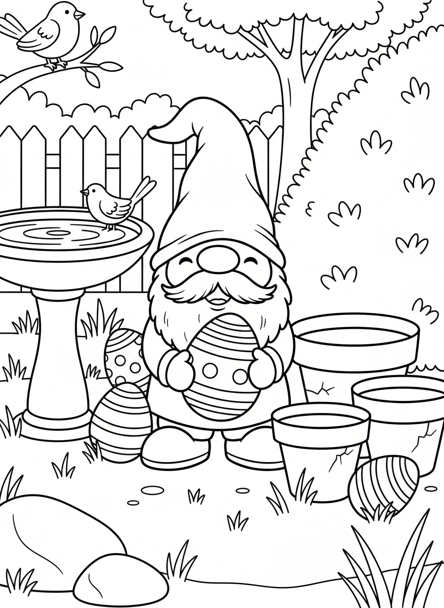 A backyard scene with Easter eggs hidden behind a garden gnome, flower pots, and a small bird bath.