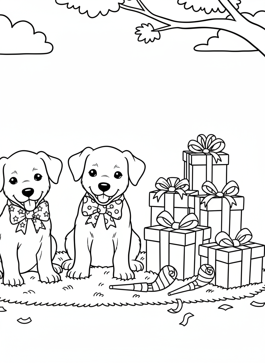 Two playful puppies wearing festive bow ties, sitting next to a pile of wrapped presents and party horns