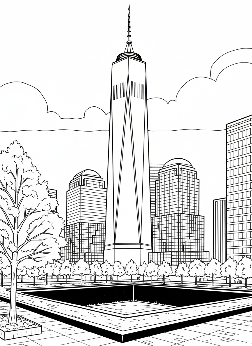 The One World Trade Center tower reaching into the sky, modern skyscraper design with geometric patterns, memorial fountains at base.