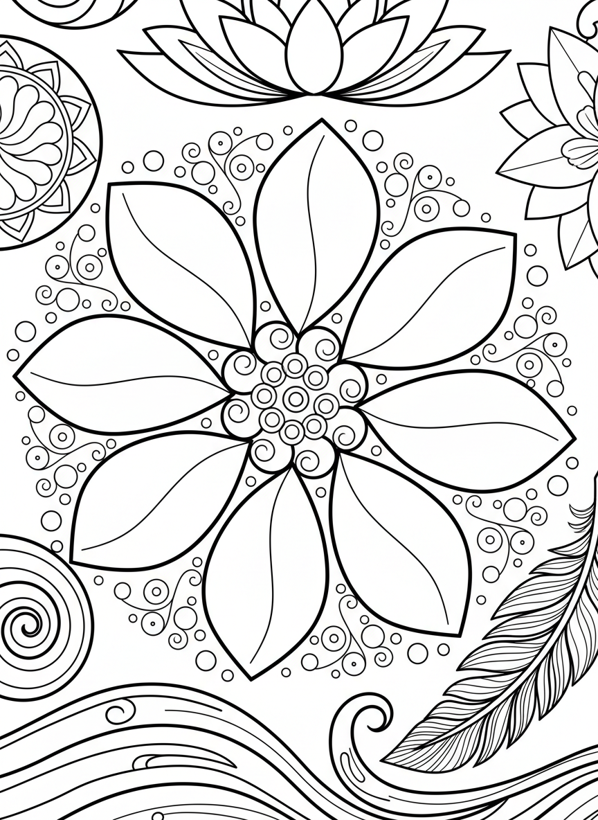 A basic mandala with oversized raindrop shapes pointing toward the center, surrounded by small circular dots