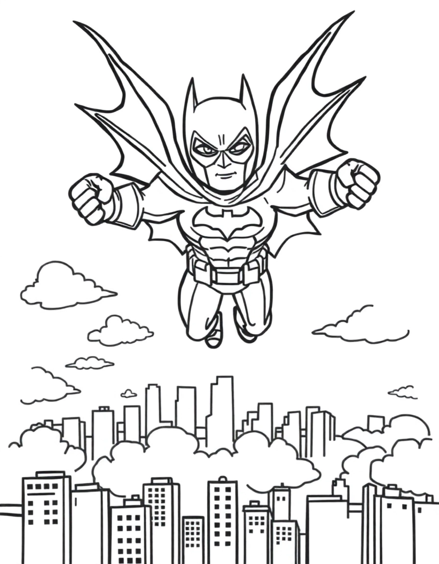 A superhero in the style of bat man flying toward the viewer with fists outstretched, clouds and city skyline beneath