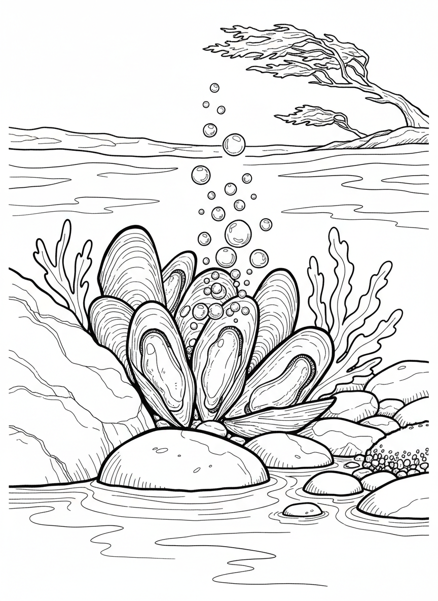 Mussels with their dark shells partially open, releasing bubbles into the tide pool water, with simple circular bubble shapes
