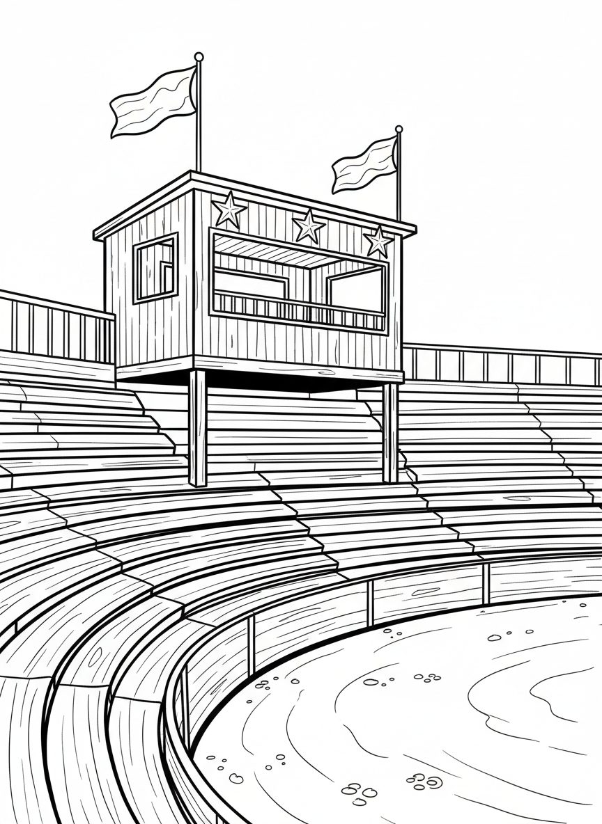 A rodeo arena grandstand scene with flags waving, empty bleachers, and a announcer's booth decorated with Western stars.