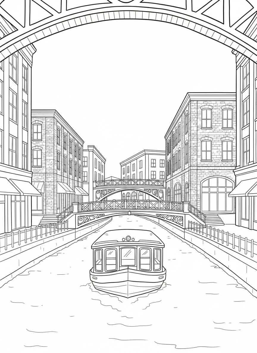 The Bricktown Canal with a water taxi boat floating past brick buildings and pedestrian bridges, clear outlines perfect for kids to color.