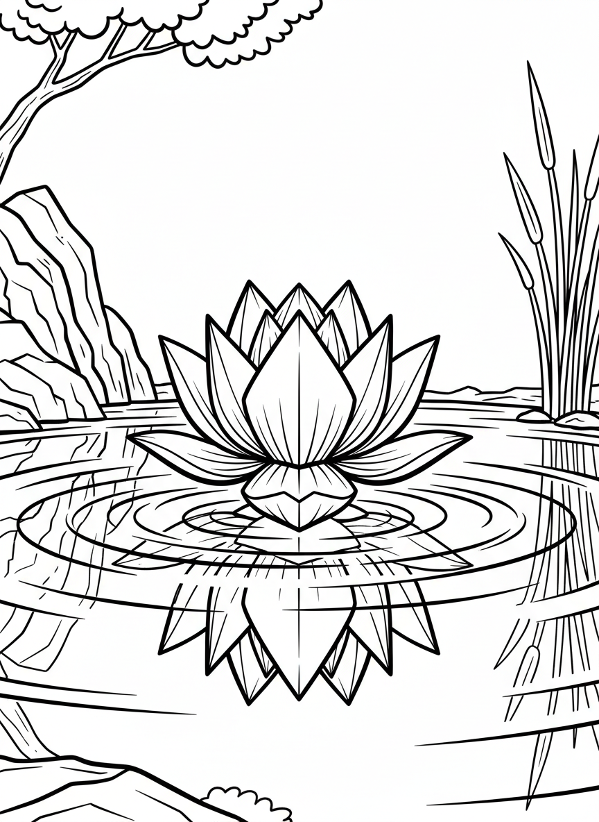A large origami lotus flower with layered geometric petals opening up, sitting in the center of a calm pond
