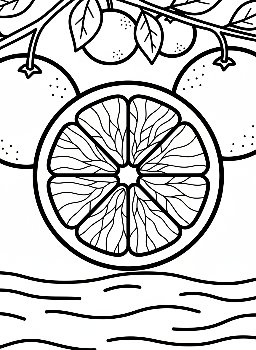 A sliced orange showing segments in a circular pattern, with whole oranges beside it, close-up view