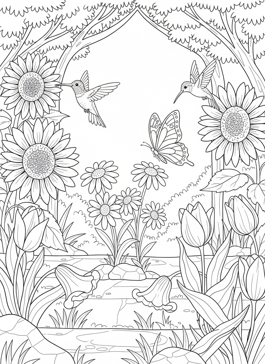 Wide garden scene with multiple hummingbirds visiting different flowers including sunflowers, daisies, and tulips, with a butterfly nearby